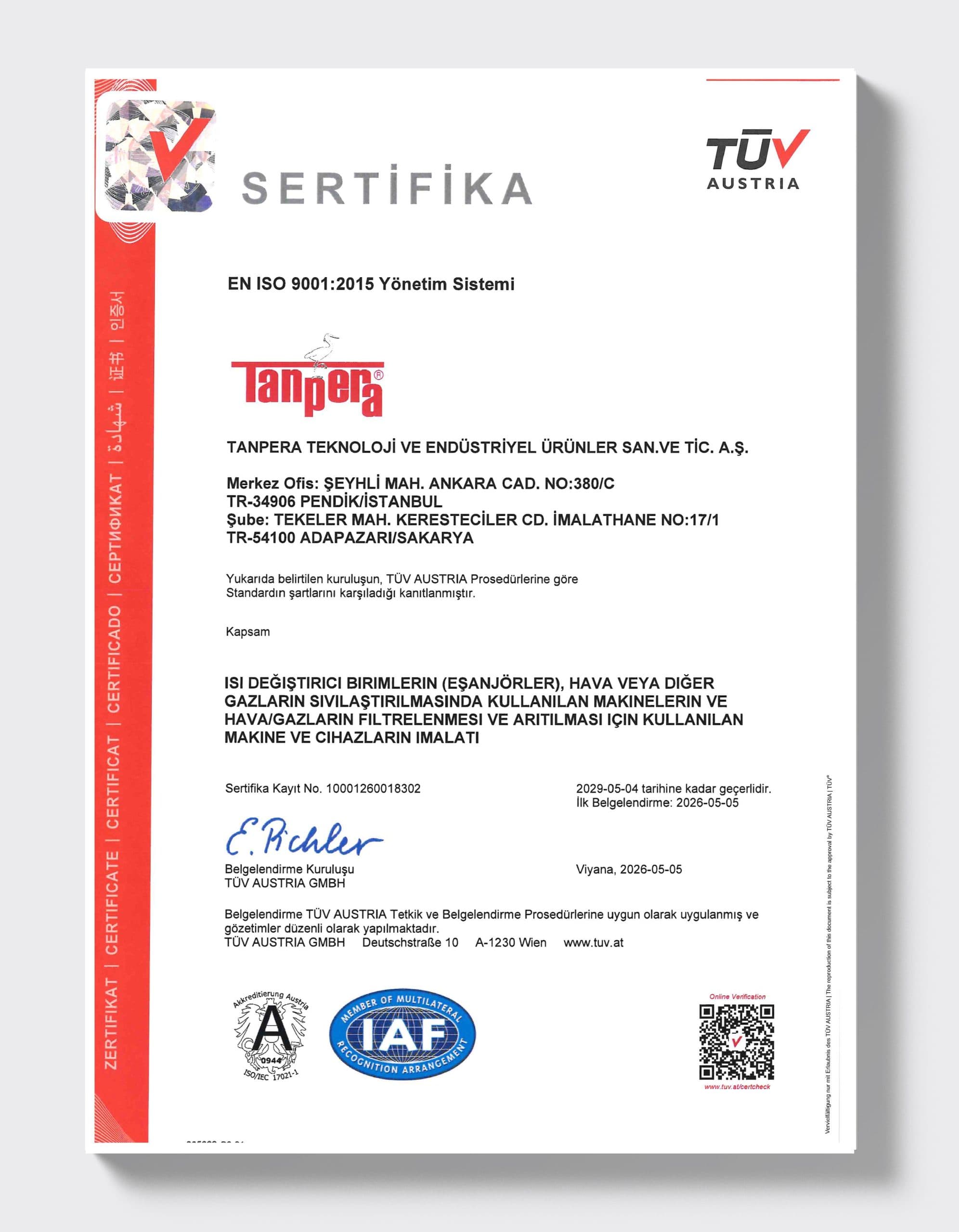 ISO 9001:2015 — Gebze & Sakarya Facilities
