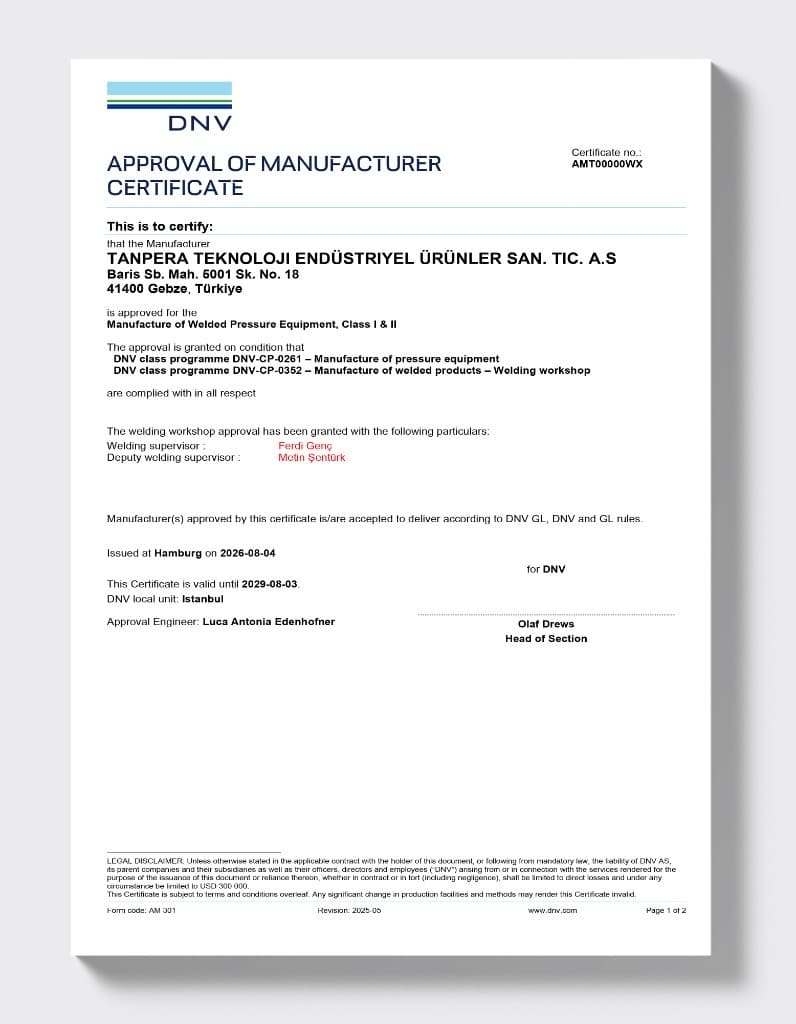 DNV — Approval of Manufacturer Certificate (Pressure Equipment, Class I & II)